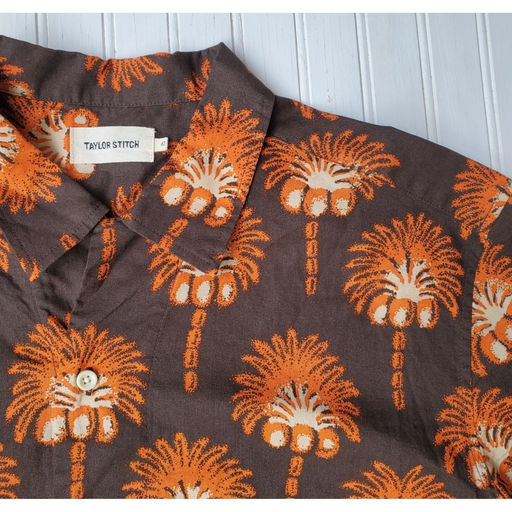 Taylor Stitch Mens 42 Brown Orange Palm Tree Print Cotton Linen Button Down
